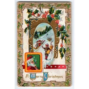 Vintage Embossed 1910 Christmas Postcard with Santa and Sledding Scene